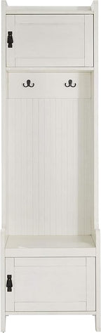Crosley Furniture Fremont Hall Tree with Storage Cabinets and Coat Rack Hooks for Hanging, Distressed White