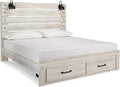 Signature Design by Ashley Cambeck Farmhouse King Panel Bed with 2 Storage Drawers, Sconce Lights and USB Ports, Foundation or Box Spring Needed, Whitewash