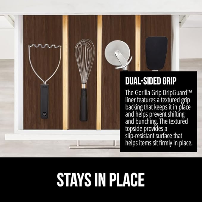 GORILLA GRIP DripGuard Shelf Liner, Non Adhesive Drawer and Kitchen Cabinet Protector, Slip Resistant BPA Free Smooth Surface Plastic Liners for Cabinets, Bathrooms, Closets, 17.5x240 Inch, Wood