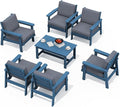 SERWALL HDPE Outdoor Furniture Set, 7 Piece All Weather Wood-Like Outdoor Sofa Sectional Couch, Blue Patio Furniture Set with Grey Cushions