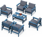 SERWALL HDPE Outdoor Furniture Set, 7 Piece All Weather Wood-Like Outdoor Sofa Sectional Couch, Blue Patio Furniture Set with Grey Cushions