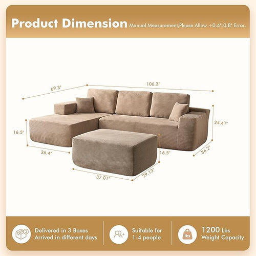 106" Cloud Sectional Couch with L-Shape Chaise & Ottoman, No Assembly Modular Sofa, Deep Seat Corduroy Boneless Couched for Living Room (Camel Stripe Corduroy, Left Facing Chaise with Ottoman)