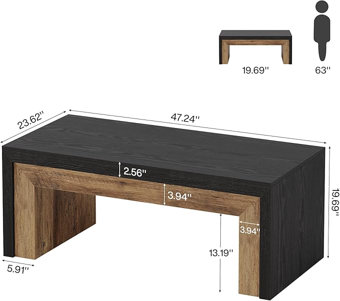 Tribesigns Farmhouse Coffee Table for Living Room, Mid-Century Modern Coffee Table with Sturdy Base, Large Rectangle Accent Center for Apartment, Easy Assembly (Black & Walnut)