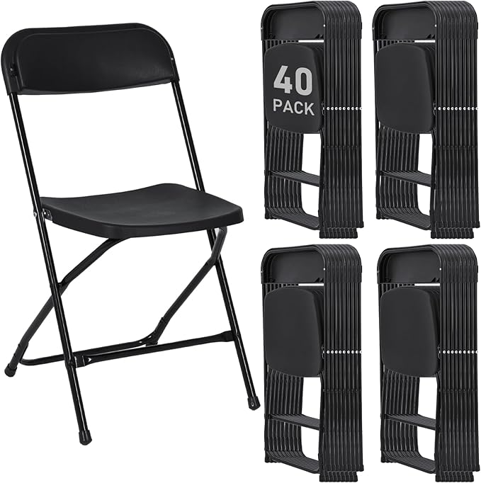 40 Pack Black Plastic Folding Chairs, Portable Stackable Commercial Party Folding Chairs with Steel Frame 350lbs for Home Office Outdoor Indoor Office Wedding Party Events