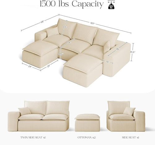 107" Comfy Cloud Couch with U-Shape Chaise & Deep Seat, Modular Sectional Sofa in a Box, Boneless Upholstered Couches for Living Room, No Assembly Required (Soft Corduroy, Beige)