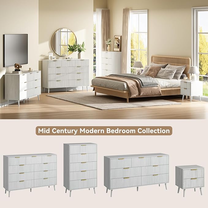 CARPETNAL Fluted 9 Drawer Dresser for Bedroom, 55" Wide Wooden Chest of Drawers with Rounded Corners, Gold Handles, Modern Storage Organizer for Bedroom, Hallway(White)