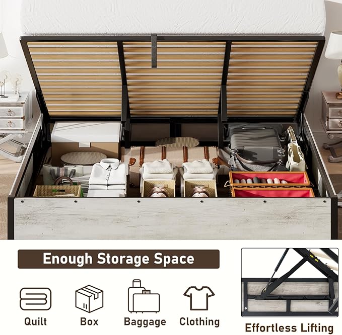 Lift Up Storage Bed Frame, King Size Wooden Platform Bed with Large Storage Underneath, No Box Spring Needed, Noise Free, Distressed White
