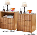 LEYAOYAO Fluted Farmhouse Nightstand Set of 2 with Charging Station, 23" Wide 2 & 3 Drawers Large End Table with Metal Handle, Brown Night Stand Bedside Table, Wood Dresser for Bedroom,Closet