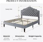 SHA CERLIN Queen Bed Frame with Adjustable Headboard/Velvet Upholstered/Diamond Button Tufted and Metal Studs/No Box Spring Needed/Wooden Slat Support/Easy Assembly/Light Grey