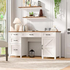Farmhouse 61'' Executive Desk with 5 Drawers, Rustic Office Desk Computer Table with Charging Station, File Drawers and Storage Cabinet, Wood Workstation for Study and Home Office,(Unique White)
