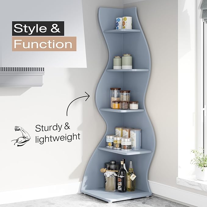 Tribesigns Corner Shelf, Modern 5-Tier Wall Corner Bookshelf, Stylish Corner Small Bookcase Storage Rack Plant Stand with Unique Shape for Living Room, Home Office (Blue, 1PC)