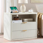 LEYAOYAO 31" Wide Fluted Nightstand with Charging Station, Oversized Extra Large 2 Drawers Night Stand,White Wood Bedside Table,Tall Bed Side End Tables,Modern Chest of Drawers Dressers for Bedroom