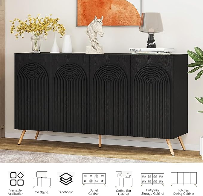 Sideboard Buffet Cabinet with Adjustable Shelves, Modern Storage Cabinet with Arched 3D Carved Wood Doors, Credenza Accent Cabinet for Living Room, Dining Room, Entryway (59" Arched Black, 1)