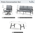 PHI VILLA 4 Piece Patio Furniture Sets for 5 Person with 1 x 3-Seat Deep Seating Bench, 2 x Cushioned Swivel Sofa Chairs & 1 x Coffee Table, Outdoor Metal Conversation Set for Lawn Garden,Grey