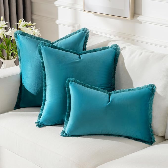 FUTEI Teal Velvet Decorative Throw Pillow Covers 20x20 Set of 2,Soft Cozy Edge with Tassels Cushion Case,Boho Modern Home Decor for Couch Bed Living Room