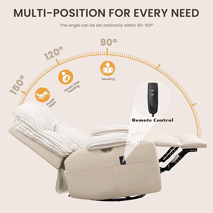 GRAINELL Rocking Chair Nursery, Electric Swivel Recliner Glider with Adjustable Armrests, Nursing Chair with USB Charger, Cup & Blanket Holders, Beige Corduroy & PU Leather