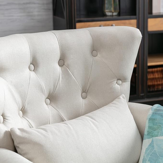 Accent Reading Arm Chairs Set of 2 for Living Room Bedroom, Midcentury Modern Comfy Corner Sofa Chair, Wingback Waiting Room Club Chair with Button Tufted Back &Lumbar Pillow, Linen Beige