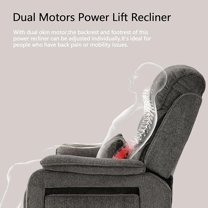 Lift Chair Lay Flat Recliner Heat Massage Dual Motor Infinite Position Power Recliners with Left Side Tray Table-Wireless Charger,Cup Holder (Dark Grey Chenille Fabric)