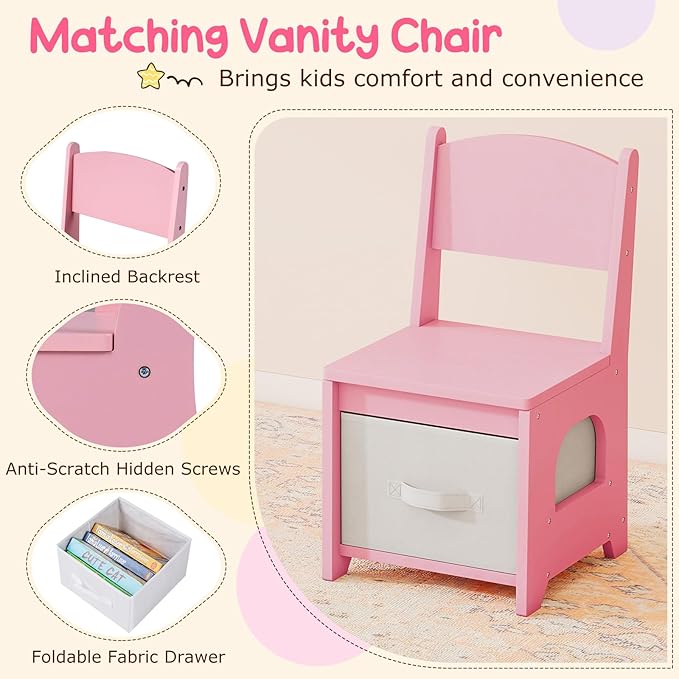 Costzon Kids Vanity, Girls Vanity Set with Lighted Mirror, Bookshelf, Drawers, Hooks & Storage Shelves, Toddler Makeup Vanity Desk Dressing Table, Wooden Kids Vanity Table and Chair Set (Pink)