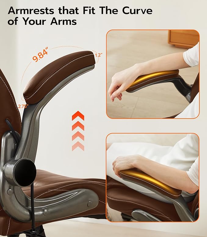 Office Desk Chair, Ergonomic Computer Chair with Padded Flip-Up Arms and Adjustable Lumbar Support, PU Leather Executive Chair with Tilt Lock and 360° Swivel Rolling Wheels for Work, Study