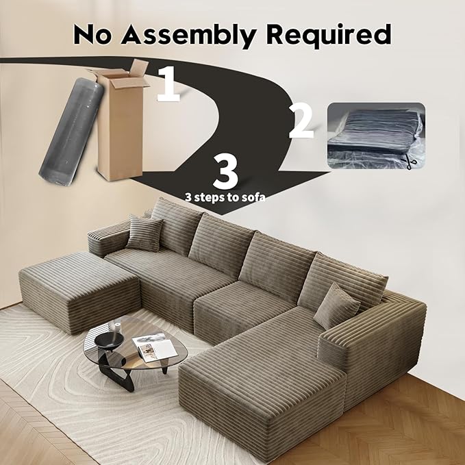 135.4" Cloud Sectional Couch with 1 Ottoman,Modern Modular Sofa with Deep Seat, Comfort U Shaped Sofa Couches for Living Room Bedroom Apartments,No Assembly Required, (Camel,Right Facing Chaise)