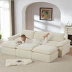 113.03" Sectional Couches for Living Room Modern Modular Sofa Couchs Upholstered Corduroy Boneless Couch Deep Seat Cloud Couch with Ottoman, No Assembly Required, White