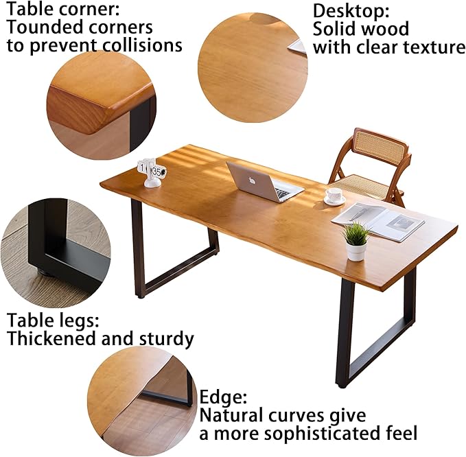 Modern Solid Wood Executive Desk – Spacious and Minimalist Home Office Workstation Perfect for Writing and Professional Use (Light Brown, 55.12)