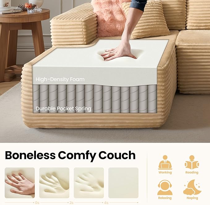 104" Cloud Sectional Couch with Chaise, Boneless L-Shaped Cloud Couch with Deep Seat, Soft Plush Modern Minimalist Sofa, Assembly Free Comfy Sofa for Office Living Room Apartment(Beige, Left Chaise)