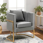 Velvet Modern Accent Chair, Upholstered Barrel Armchair Mid Century with Pillow for Living Room, Comfy Single Vanity Chair with Metal Gold Legs for Bedroom, Grey