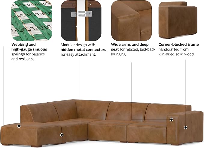 SIMPLIHOME Rex Left Corner Sectional Modular Sofa and Ottoman Set in Full-Grain Genuine Leather, Sienna, 116-inch-wide L-Shaped Leather Sofa and Matching 34-inch-Wide Table Ottoman for Living Room