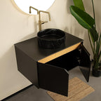 Bathroom Vanity with Sink 30 Inch, Floating Modern Vanity with Vessel Sink, Fluted Bathroom Vanity Cabinet with 2 Doors with Metal Trim, Black Round Sink & Sintered Stone Top, Black