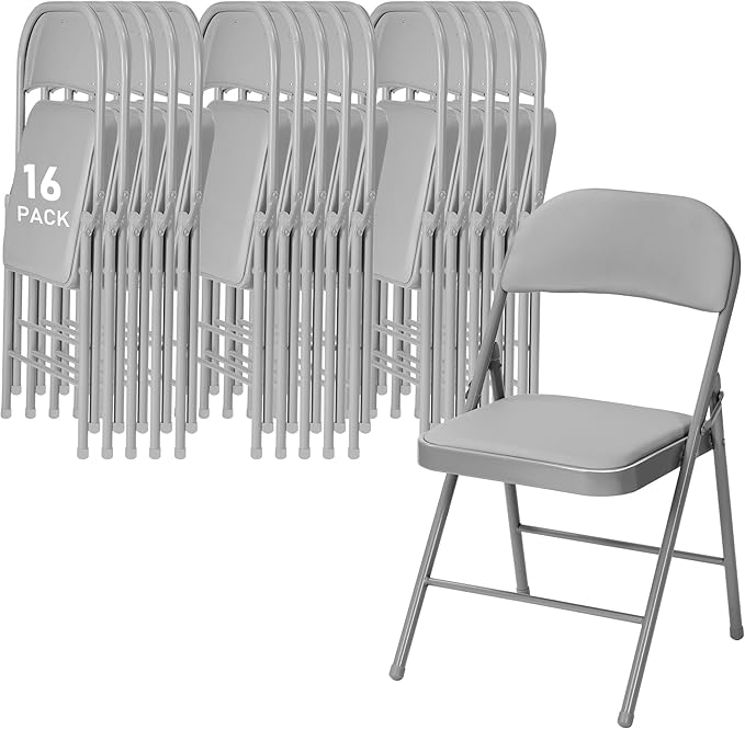 SEALAMB 16 Pack Grey Folding Chairs with Padded Seats & Cushion, Durable Metal Foldable Chairs for Wedding Party, Commercial Chairs for Office School Church Events, 330lb Capacity (Grey-PU, 16 Pack)