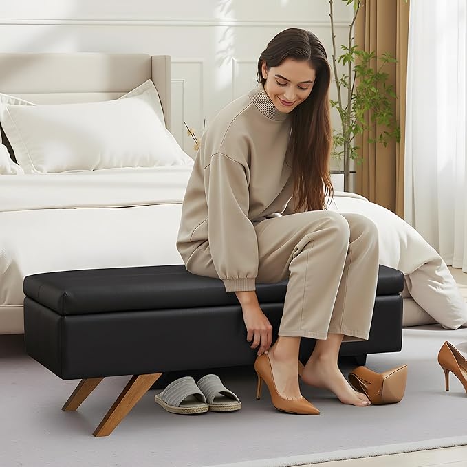 VECELO Storage Ottoman, Storage Bench with 2 Machined Gas Spring Lid Supports, PU Leather Upholstery & Solid Wood Legs, Black Ottoman Bench for Bedroom, Living Room, Entryway, 44.5"