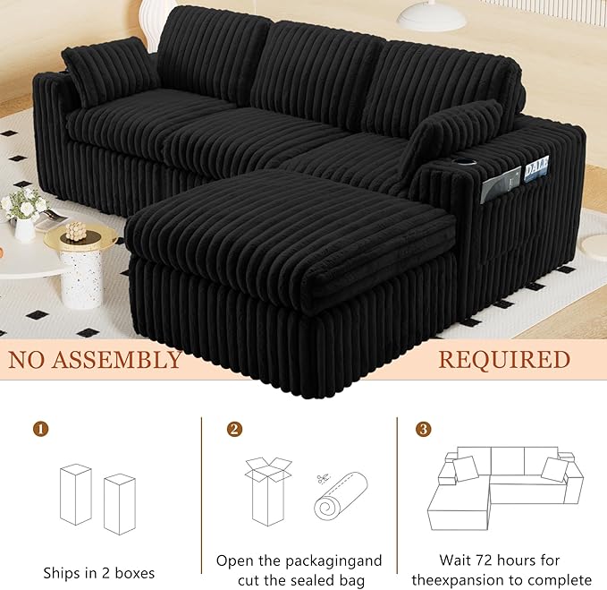 114" Cloud Boneless Sectional Couches for Living Room, Modular Sectional Sofa with Cup Holder, Cozy Fluffy L Shaped Deep Seat Boneless Couch with Storage Pocket, No Assembly Required, Black