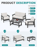 SERWALL HDPE Outdoor Furniture Set 4, All Weather Wood-Like Outdoor Sofa Sectional Couch, Grey Patio Furniture Set with Khaki Cushions