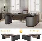 86.6" Reversible L-Shaped Adjustable Height Executive Desk with Oval Storage Cabinet - Black/Brown Standing Desk, Rounded Corners, 3 Drawers & 2 Door Compartments, Flexible Home & Office Workstation