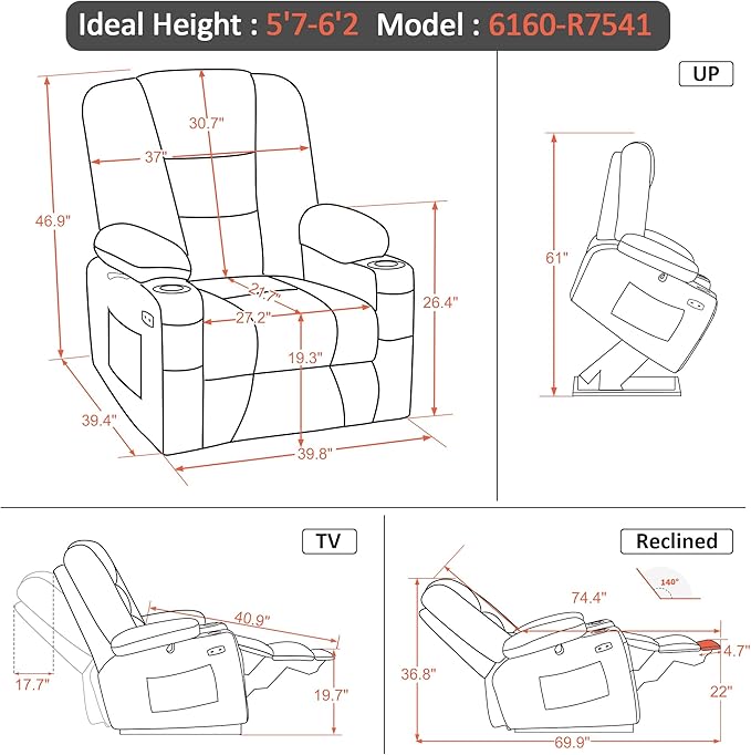 MCombo Oversized Power Lift Recliner Chair with Massage and Heat for Big and Tall Elderly People, Cup Holders, USB Ports, Side Pockets, Faux Leather R7541 (Dark Grey, Large-Oversize)