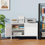 White Metal Locker Storage Cabinet with Adjustable Shelf, Low Metal Storage Cabinet for Home Office, 2 Door Small Decorative Metal Locker Tv Stand Cabinet