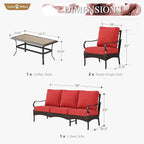 Sophia & William Patio Furniture Set, 4 Piece Metal Outdoor Conversation Set with 3-Seater Outdoor Couch, 2 Sofa Chairs, 1 Coffee Table for Outdoor Seating, Backyard, Porch(Red)