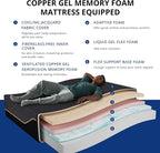 Split King Adjustable Bed Base Frame with Wireless Remote + 14 Inch Copper Memory Foam Mattress Bed in a Box, Head and Foot Incline & Massage, Zero Gravity, Fiberglass Free, 80" × 76"