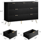 Dresser for Bedroom, Modern Fluted 47.2" Wide Chest of Drawers with Gold Pulls and 7 Drawers, 15.7" D x 47.2" W x 31.4" H, Black