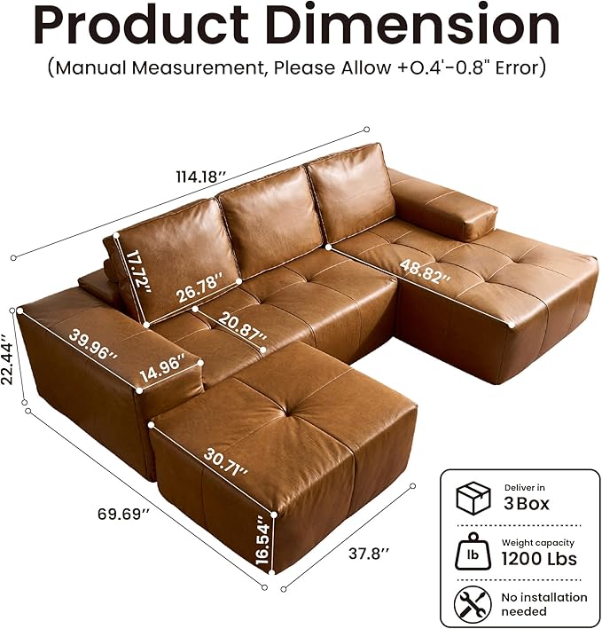 114" Cloud Sectional Couch with L-Shape Chaise & Ottoman, Modern Boneless Couches for Living Room, Fluffy Tufted Deep Seat Modular Sofa No Assembly (Faux Leather,Brown,Right Facing)