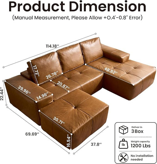 114" Cloud Sectional Couch with L-Shape Chaise & Ottoman, Modern Boneless Couches for Living Room, Fluffy Tufted Deep Seat Modular Sofa No Assembly (Faux Leather,Brown,Right Facing)
