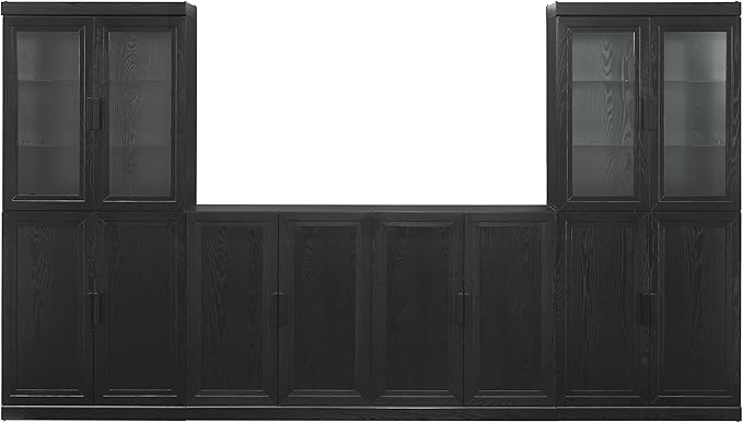 Crosley Furniture Essen 3-Piece Modern Glass Door Sideboard Buffet Cabinet and Kitchen Storage Pantry Set, Black