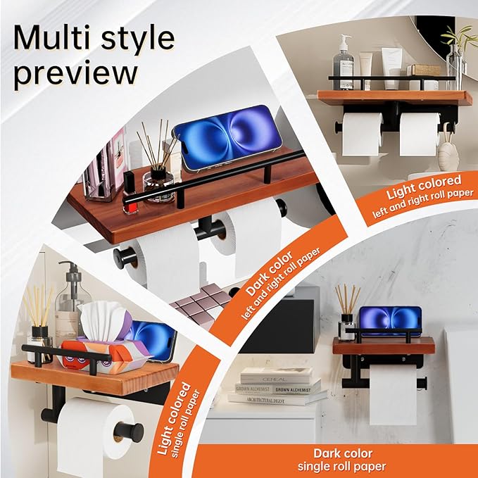Toilet Paper Holder with Wood Shelf, Wall Mount Toilet Paper Roll Holder with Wooden Shelf and Matte Black Stainless Steel Pipe, Tissue Roll Holder for Bathroom Washroom (Dark Brown, 13.8'' x 5.9'')