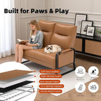 Faux Leather Loveseat, Upholstered Loveseat with Side Tray Table & Storage Pocket, Small Loveseat for Living Room, Modern 2 Seater Sofa Couch for Small Spaces, Bedroom, Brown