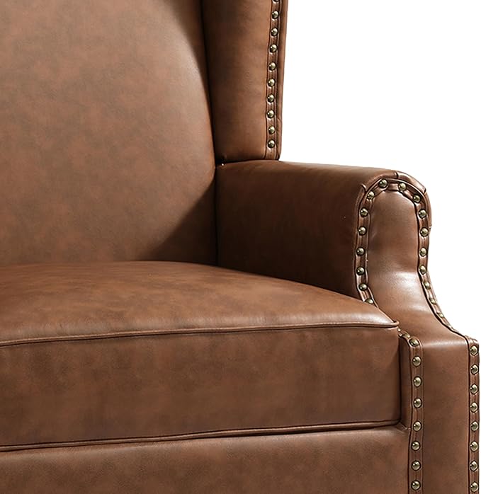 Pia Ricco High Back Floral Accent Chair - Retro Wingback Upholstered Armchair in Faux Leather, Nailhead Trim & Solid Wood Legs for Living Room Bedroom Reading Chair（Brown