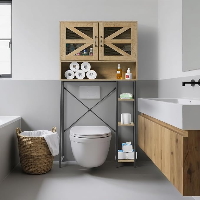 Extra Tall Over The Toilet Storage Cabinet with Side Storage, Modern Bathroom Space-Saving Organizer with Barn Doors, Sturdy Over-Toilet Shelf Unit for Bathroom