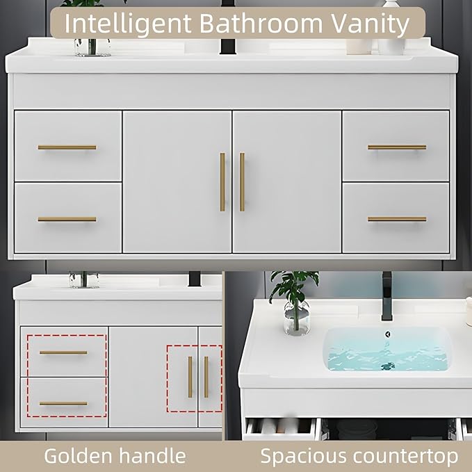 72IN Modern Bathroom Vanity - LED Intelligent Mirror Cabinet Includes Time Display & Defogging | Bathroom Cabinet with Sink & Open Storage Compartments, Ceramic Washbasin, 4 Drawers (Style A)