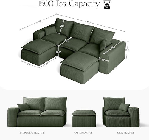 107" Comfy Cloud Couch with U-Shape Chaise & Deep Seat, Modular Sectional Sofa in a Box, Boneless Upholstered Couches for Living Room, No Assembly Required (Soft Corduroy, Green)